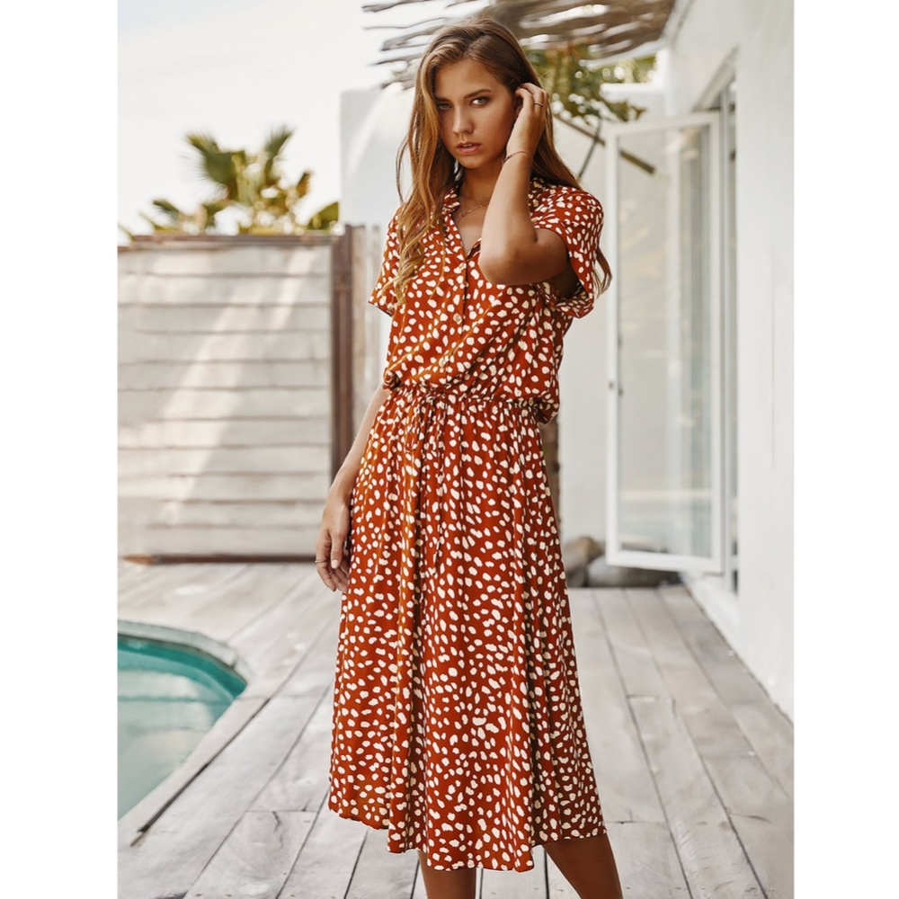 Spotted Print Drawstring Waist Shirt Dress Midi - Picture 5 of 11